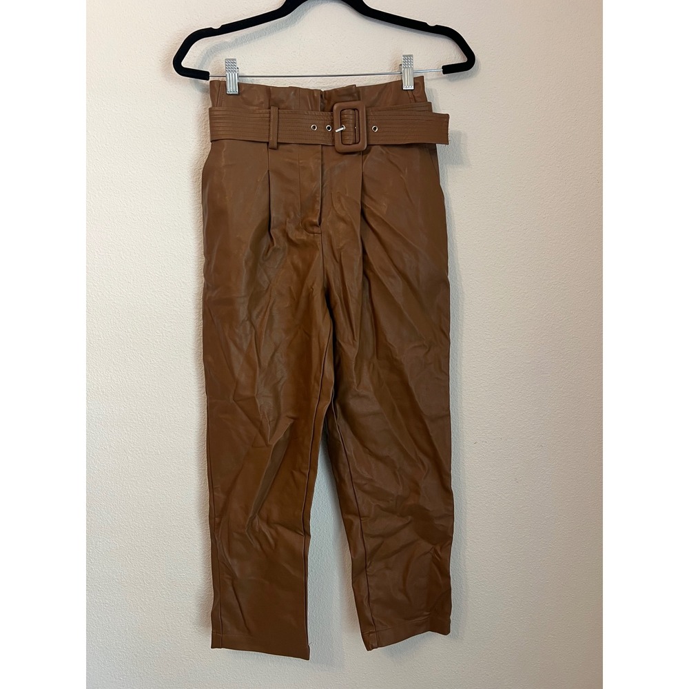 JOA Faux Leather Paper Bag Waist Pants Belted Brown High Rise Trousers